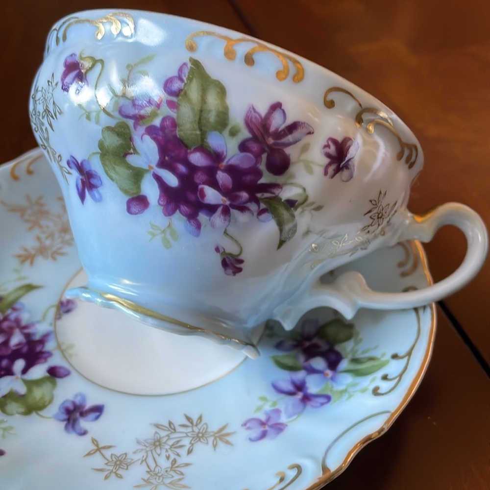 Vintage Lefton China hand painted blue Violets flowers tea cup & saucer set
